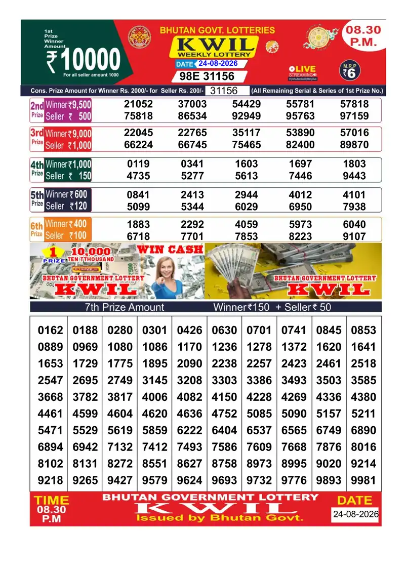 Bhutan Kwil Result 24 August 2026 8:30PM