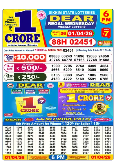 Dear Lottery 6:00 PM Result 01 Apr 2026