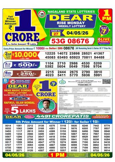 Dear Lottery 1:00 PM Result 04 May 2026