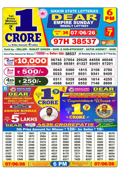 Dear Lottery 6:00 PM Result 07 Jun 2026