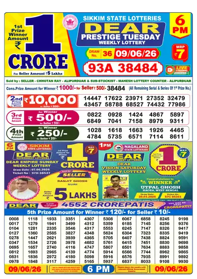 Dear Lottery 6:00 PM Result 09 Jun 2026