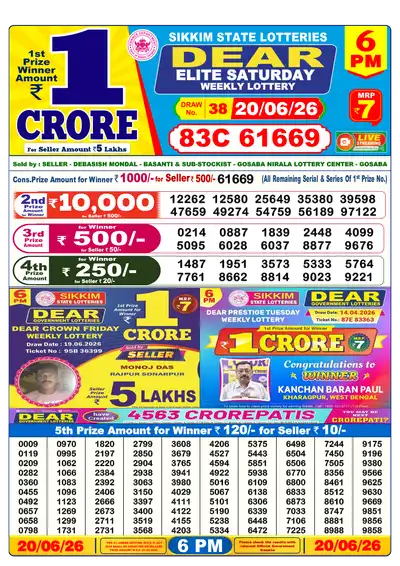 Dear Lottery 6:00 PM Result 20 Jun 2026
