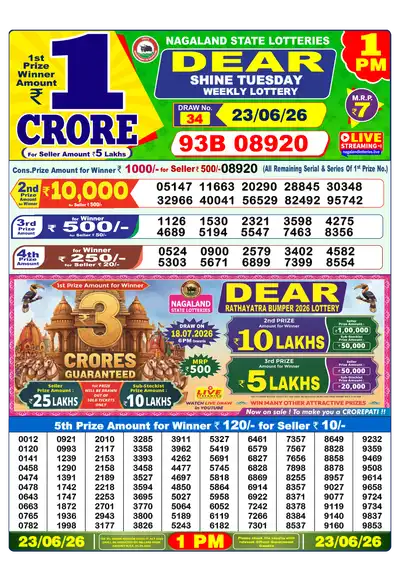 Dear Lottery 1:00 PM Result 23 Jun 2026