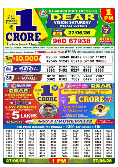 Dear Lottery 1:00 PM Result 27 Jun 2026