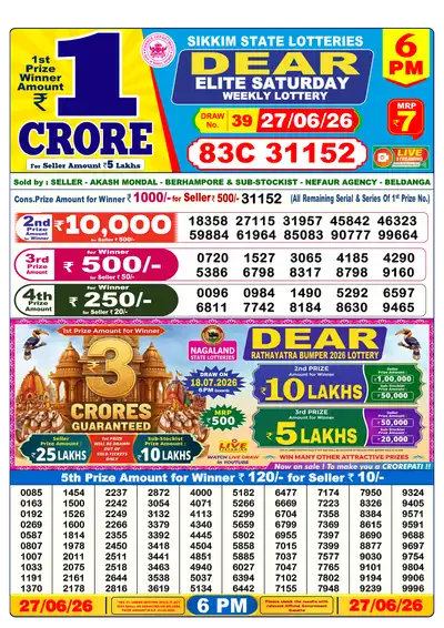 Dear Lottery 6:00 PM Result 27 Jun 2026