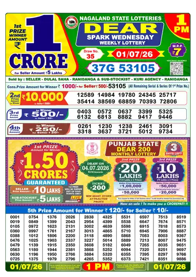 Dear Lottery 1:00 PM Result 01 Jul 2026