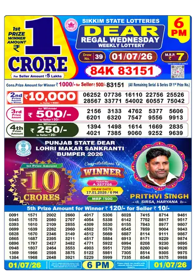 Dear Lottery 6:00 PM Result 01 Jul 2026
