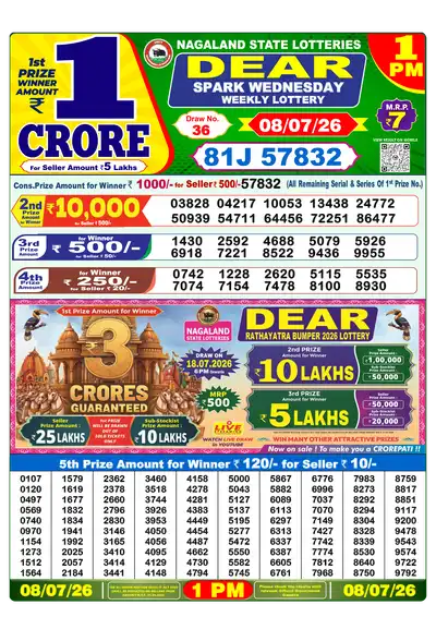 Dear Lottery 1:00 PM Result 08 Jul 2026