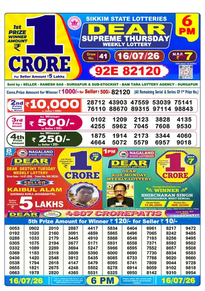Dear Lottery 6:00 PM Result 16 Jul 2026