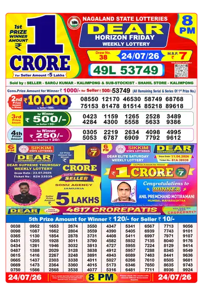 Dear Lottery 8:00 PM Result 24 Jul 2026