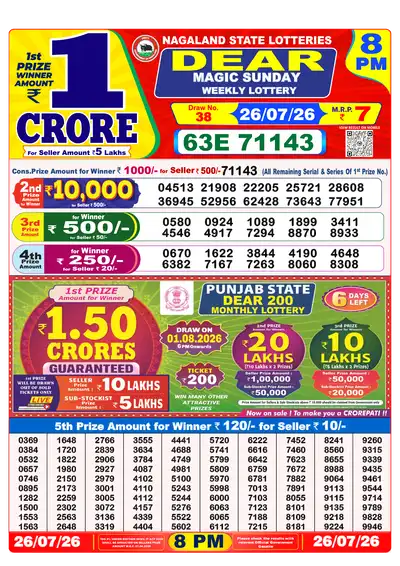 Dear Lottery 8:00 PM Result 26 Jul 2026