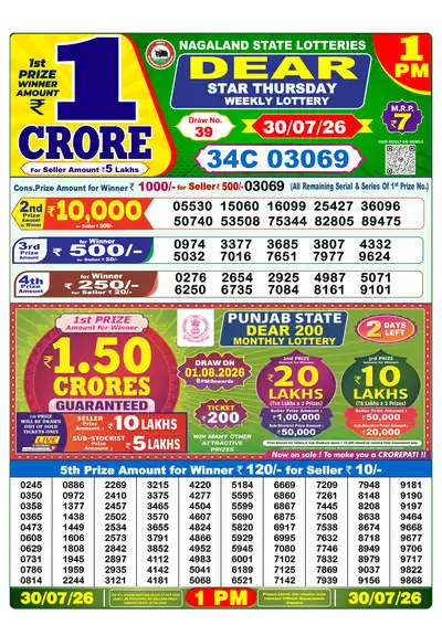 Dear Lottery 1:00 PM Result 30 Jul 2026