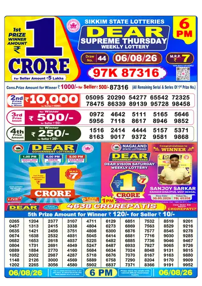 Dear Lottery 6:00 PM Result 06 Aug 2026