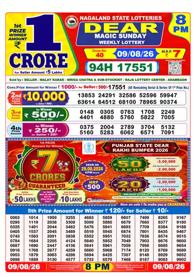 Dear Lottery 8:00 PM Result 09 Aug 2026