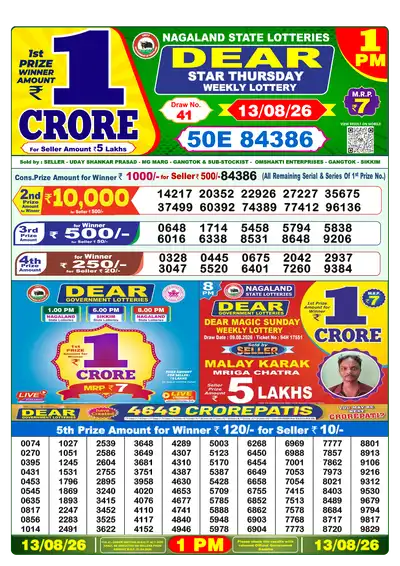 Dear Lottery 1:00 PM Result 13 Aug 2026