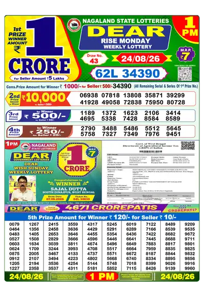 Dear Lottery 1:00 PM Result 24 Aug 2026