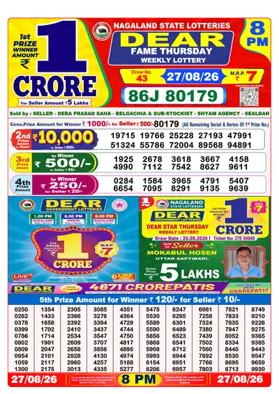 Dear Lottery 8:00 PM Result 27 Aug 2026