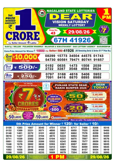 Dear Lottery 1:00 PM Result 29 Aug 2026