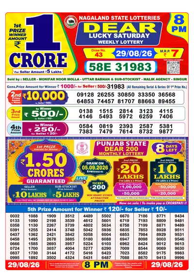 Dear Lottery 8:00 PM Result 29 Aug 2026