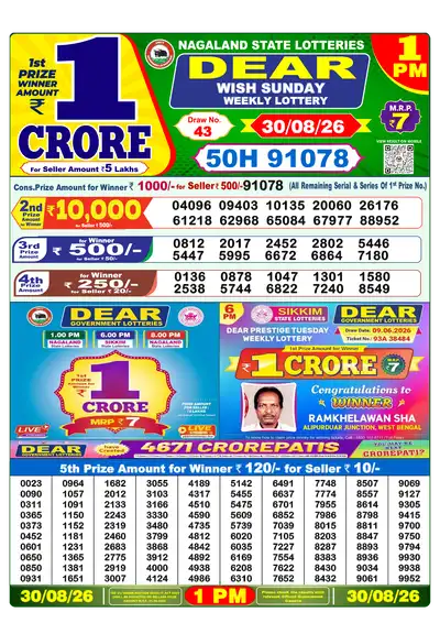 Dear Lottery 1:00 PM Result 30 Aug 2026