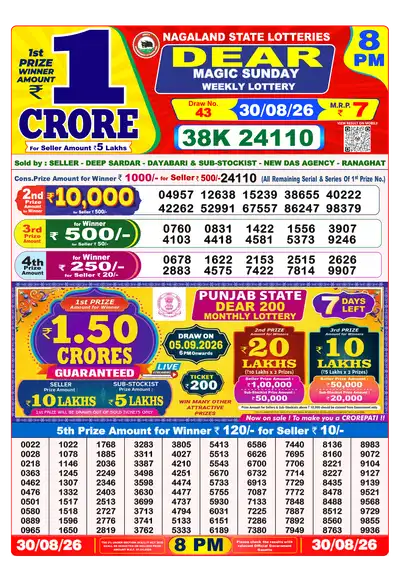 Dear Lottery 8:00 PM Result 30 Aug 2026