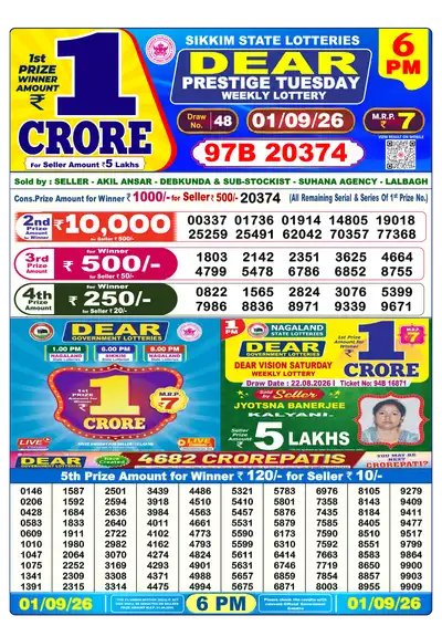 Dear Lottery 6:00 PM Result 01 Sep 2026