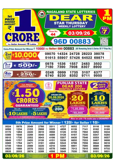 Dear Lottery 1:00 PM Result 03 Sep 2026