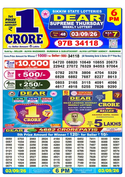 Dear Lottery 6:00 PM Result 03 Sep 2026