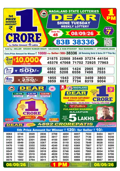 Dear Lottery 1:00 PM Result 08 Sep 2026
