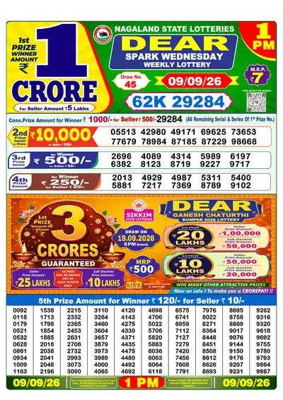 Dear Lottery 1:00 PM Result 09 Sep 2026