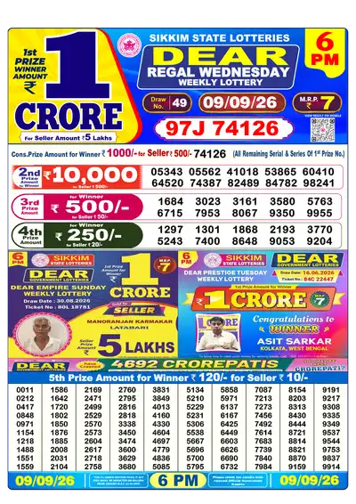 Dear Lottery 6:00 PM Result 09 Sep 2026