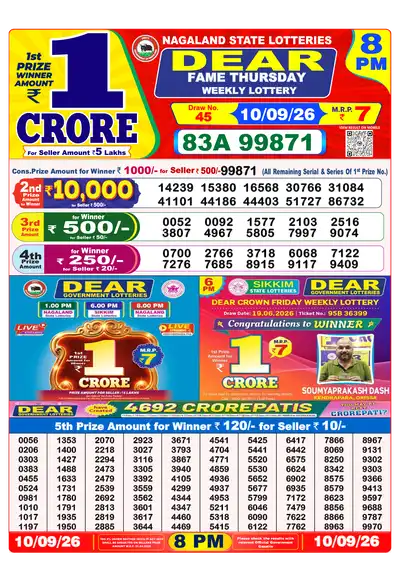 Dear Lottery 8:00 PM Result 10 Sep 2026