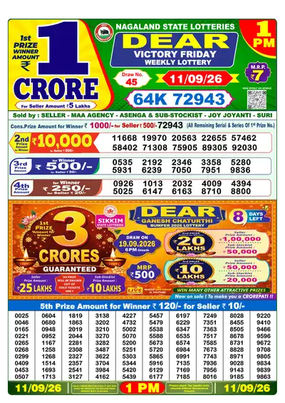Dear Lottery 1:00 PM Result 11 Sep 2026