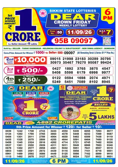 Dear Lottery 6:00 PM Result 11 Sep 2026