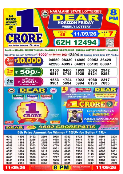 Dear Lottery 8:00 PM Result 11 Sep 2026