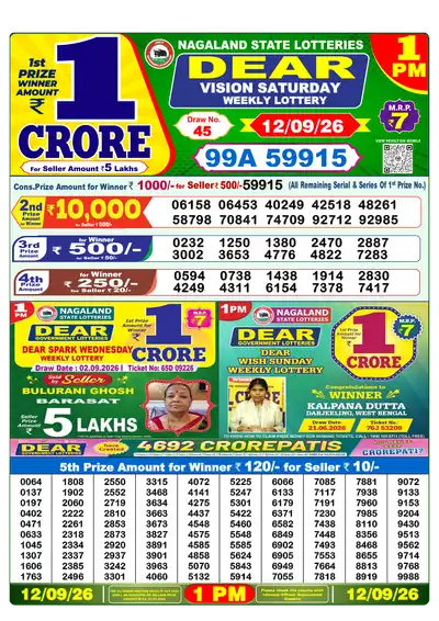 Dear Lottery 1:00 PM Result 12 Sep 2026