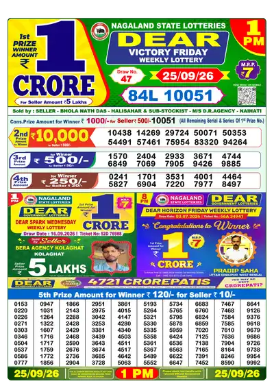 Dear Lottery 1:00 PM Result 25 Sep 2026