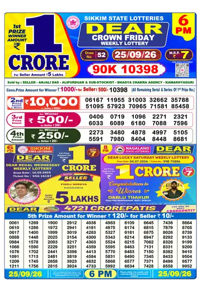 Dear Lottery 6:00 PM Result 25 Sep 2026