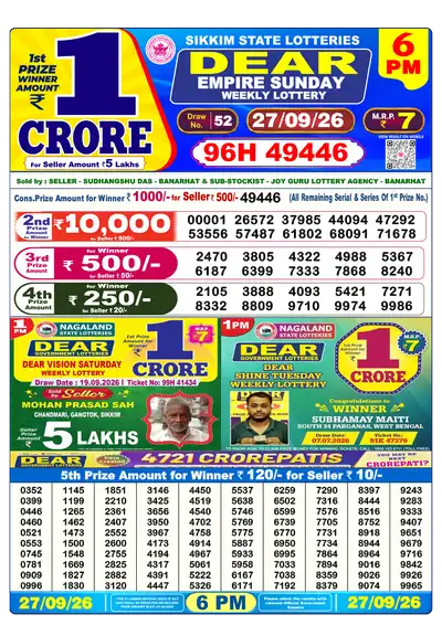 Dear Lottery 6:00 PM Result 27 Sep 2026