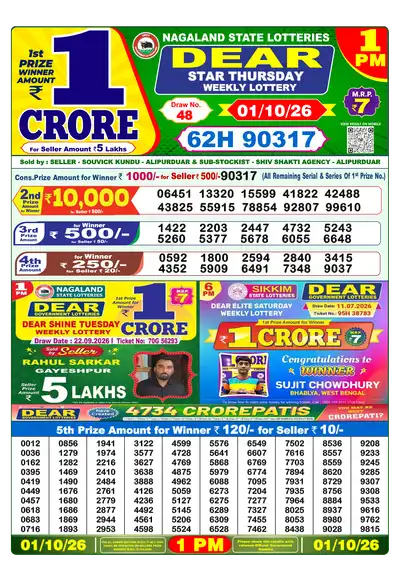 Dear Lottery 1:00 PM Result 01 Oct 2026