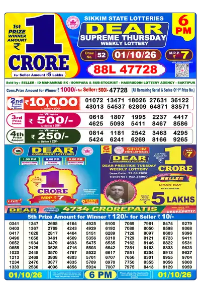Dear Lottery 6:00 PM Result 01 Oct 2026