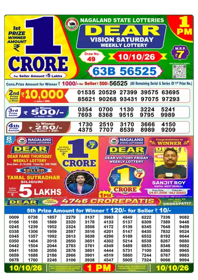 Dear Lottery 1:00 PM Result 10 Oct 2026