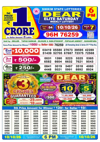 Dear Lottery 6:00 PM Result 10 Oct 2026