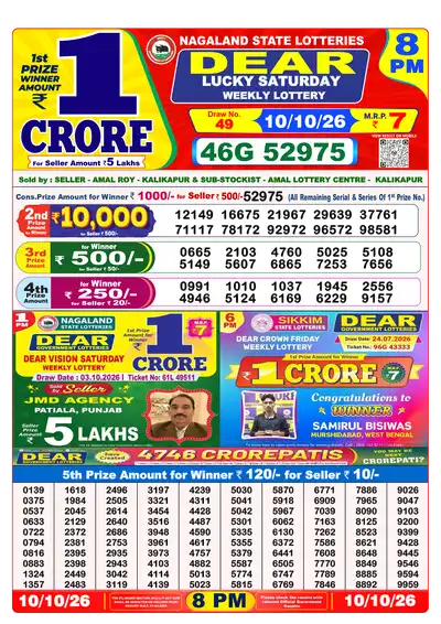 Dear Lottery 8:00 PM Result 10 Oct 2026
