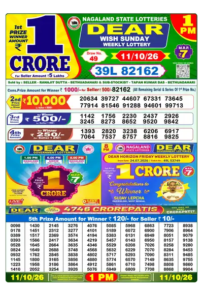Dear Lottery 1:00 PM Result 11 Oct 2026
