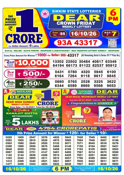 Dear Lottery 6:00 PM Result 16 Oct 2026