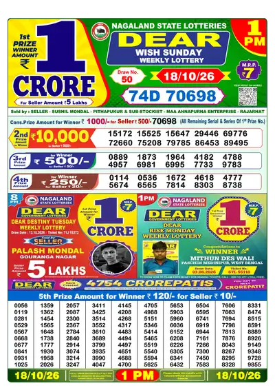 Dear Lottery 1:00 PM Result 18 Oct 2026