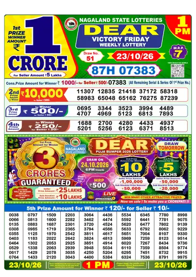Dear Lottery 1:00 PM Result 23 Oct 2026