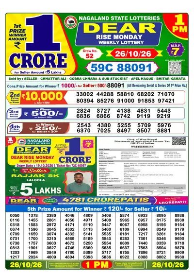 Dear Lottery 1:00 PM Result 26 Oct 2026