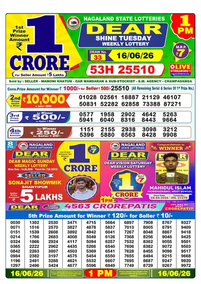 Dhankesari Lottery 1:00 PM Result 16 Jun 2026